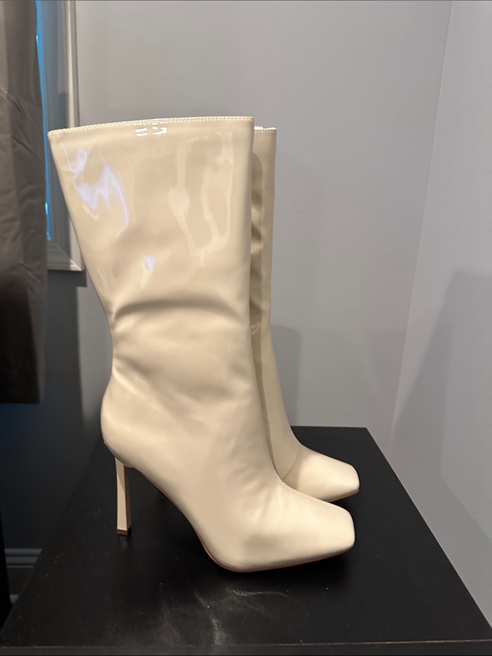 Cape Robbin Cream Patent Mid-Calf Stiletto Boots